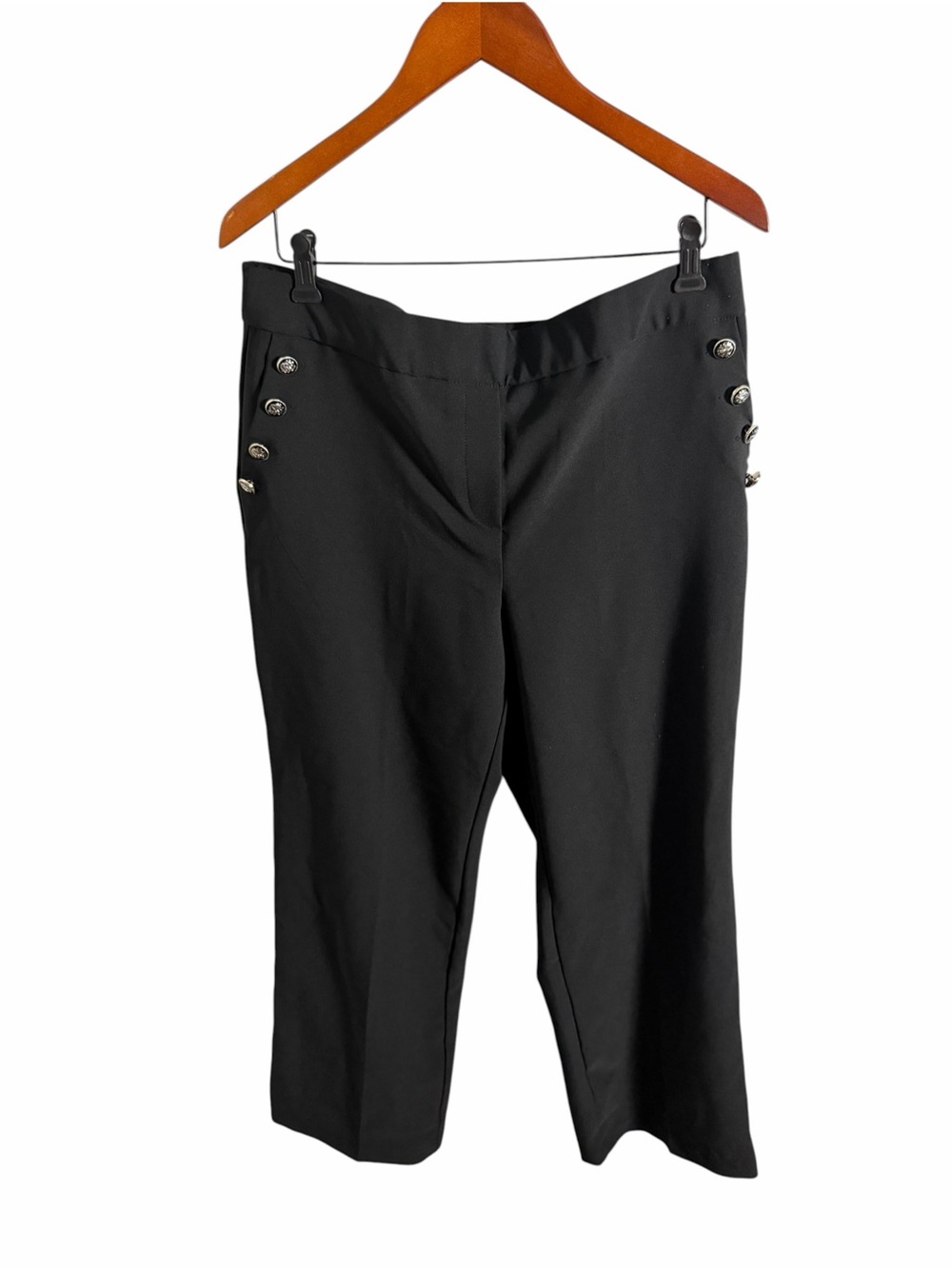 Haven & Blair Black Wide-Leg Pants with Decorative Side Buttons Stretch L